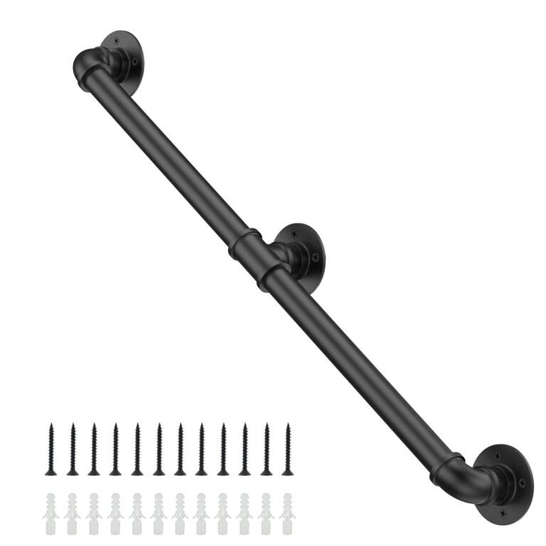 Black metal handrail with mounting hardware, screws and wall anchors