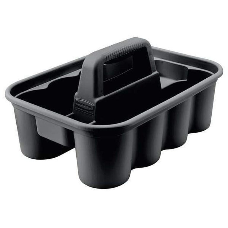 Black Rubbermaid tool caddy with handle and multiple compartments