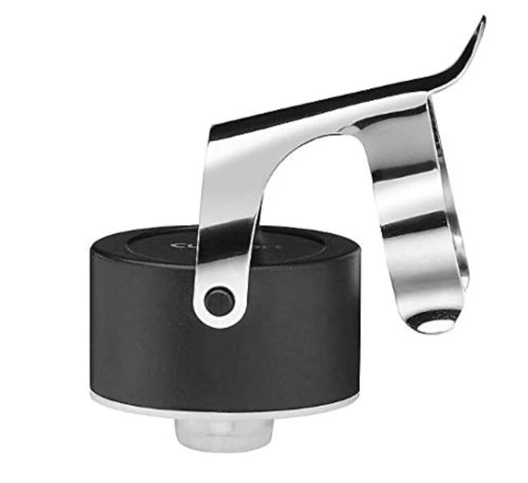 Black and silver champagne bottle stopper with a lever handle