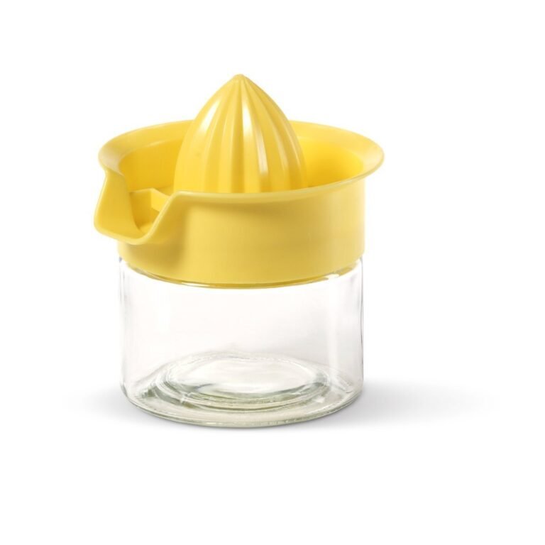 Yellow citrus juicer with glass jar on a white background