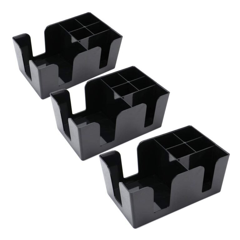 Three black plastic bar caddies with divided compartments and napkin holders