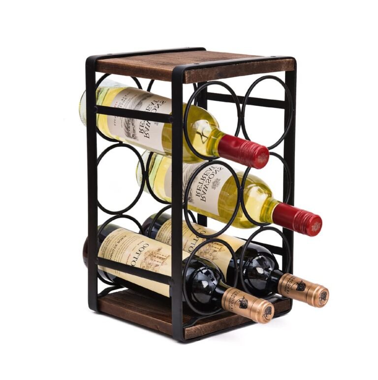 Wine rack with wooden shelves and black metal frame, holding wine bottles