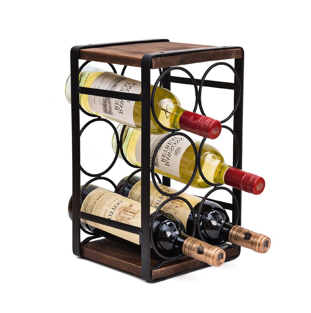 Wine rack with wooden shelves and black metal frame, holding wine bottles