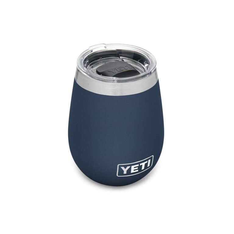 Blue YETI wine tumbler with a clear lid on a white background