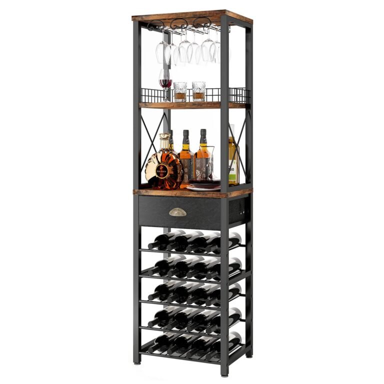 Tall, industrial-style wine rack with storage for bottles, glasses, and liquor