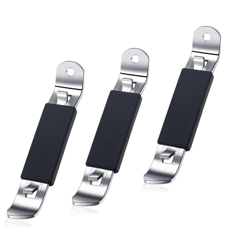 Three silver bottle openers with black handles, isolated on white background