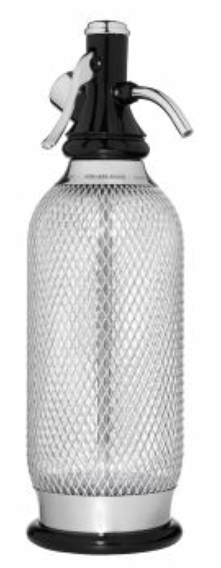 Soda siphon with a black top, silver accents, and diamond-patterned glass