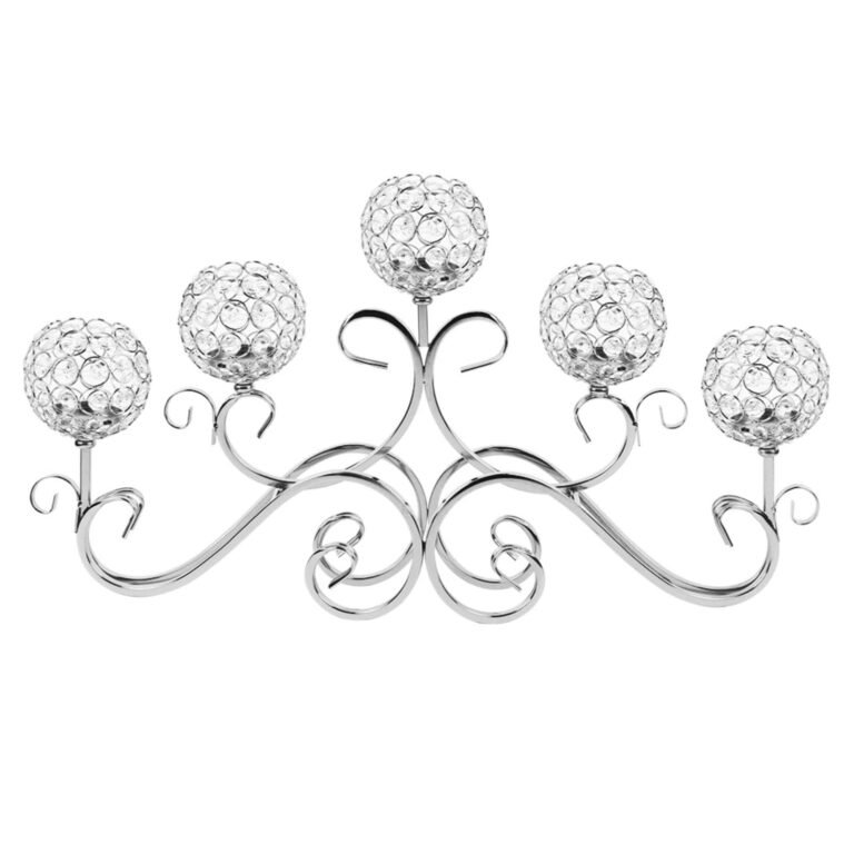 Silver candelabra with five crystal ball candle holders and ornate scrollwork