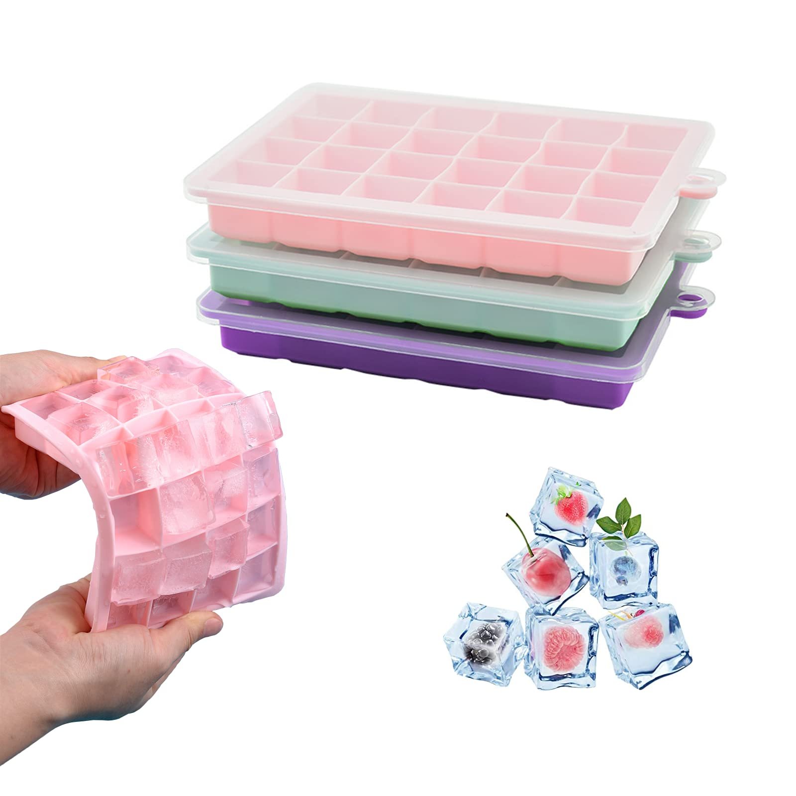 Ice cube trays, filled ice cubes, and fruit-filled ice cubes on a white background