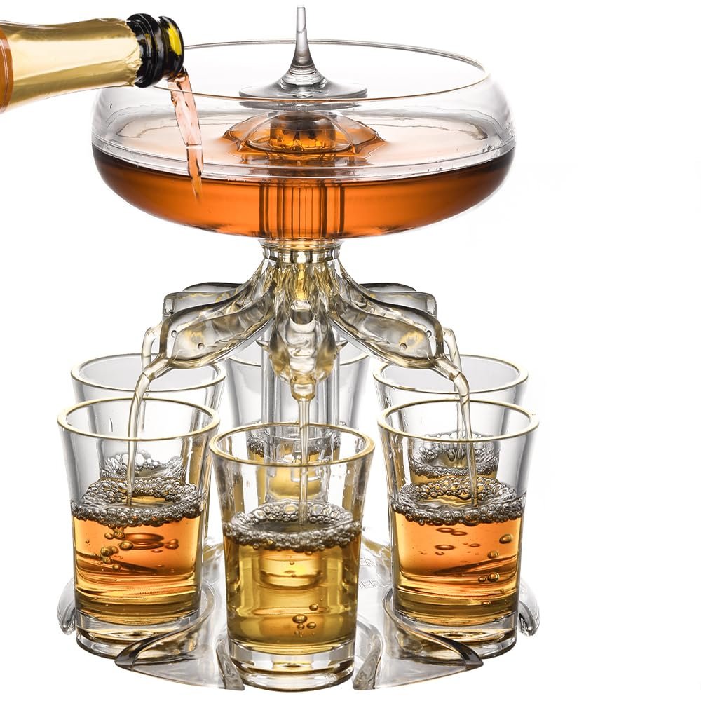 Champagne being poured into a multi-shot glass dispenser, filling shot glasses