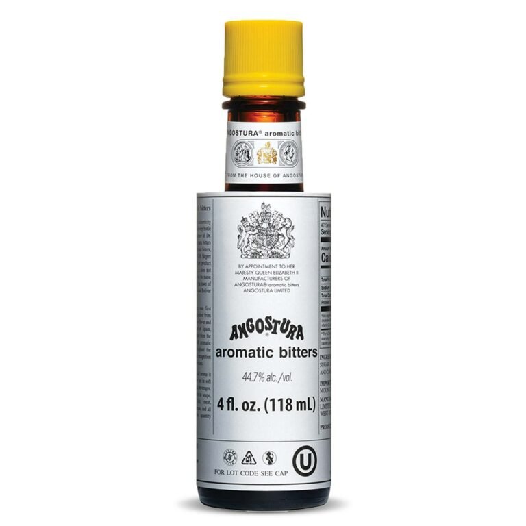 Angostura aromatic bitters bottle with yellow cap, label, and 4 fl. oz. size