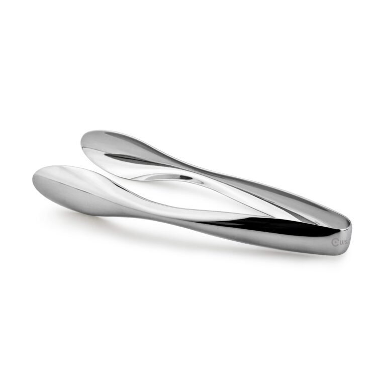 Silver serving tongs on a white background, angled slightly open