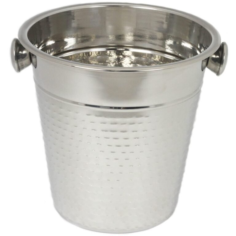 Stainless steel ice bucket with hammered texture and two handles