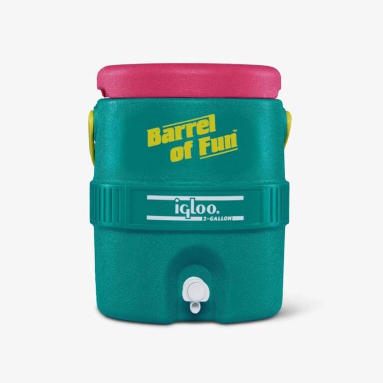 Teal and pink Igloo "Barrel of Fun" water cooler with spigot