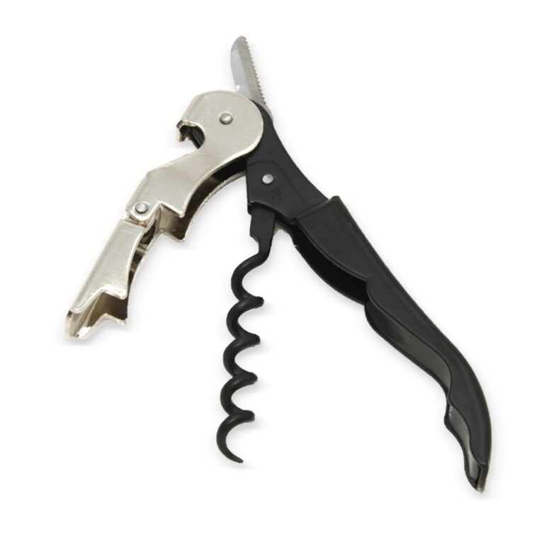 A black and silver wine opener with a corkscrew and knife