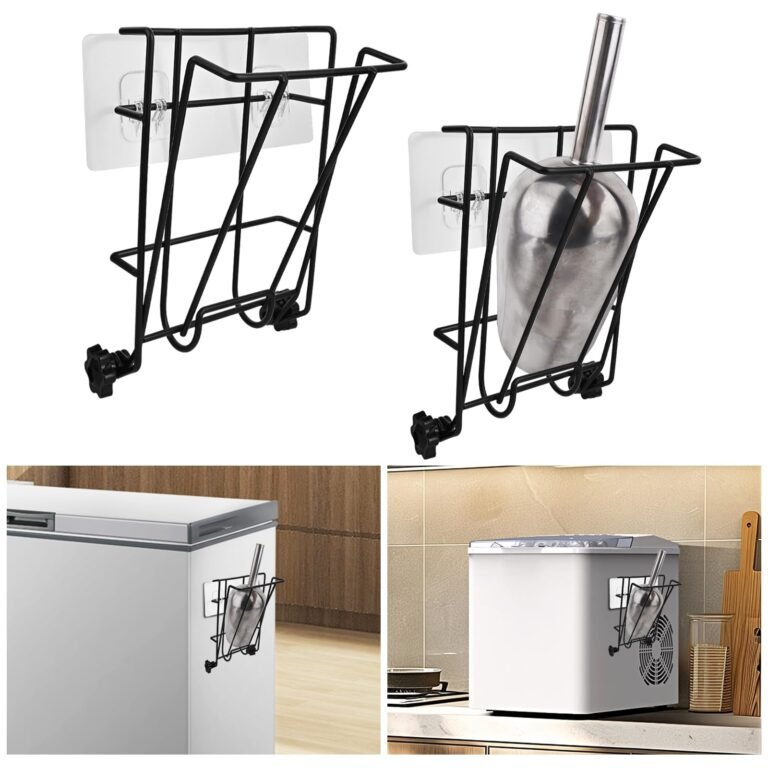 Black wire ice scoop holder with ice scoop, mounted on a freezer