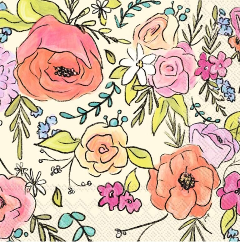 Watercolor floral pattern with pink, orange, and yellow flowers on a cream background
