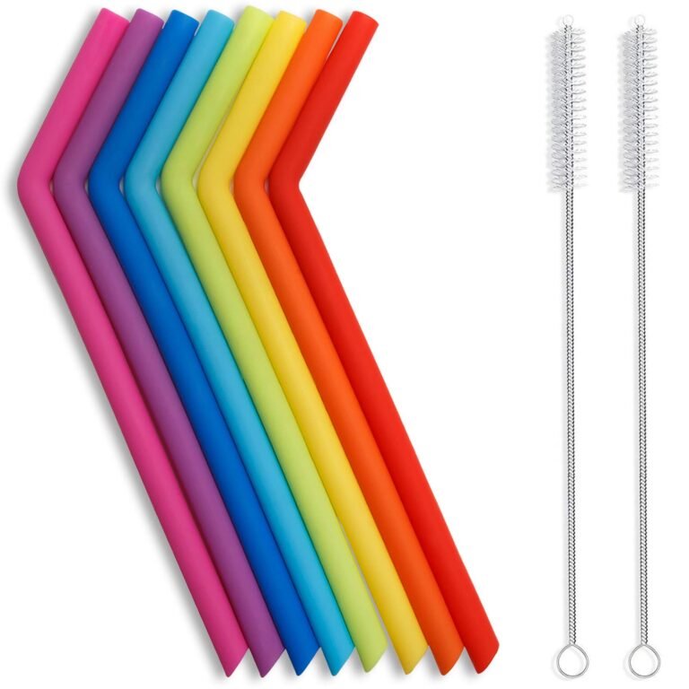 Rainbow-colored silicone straws with cleaning brushes on a white background