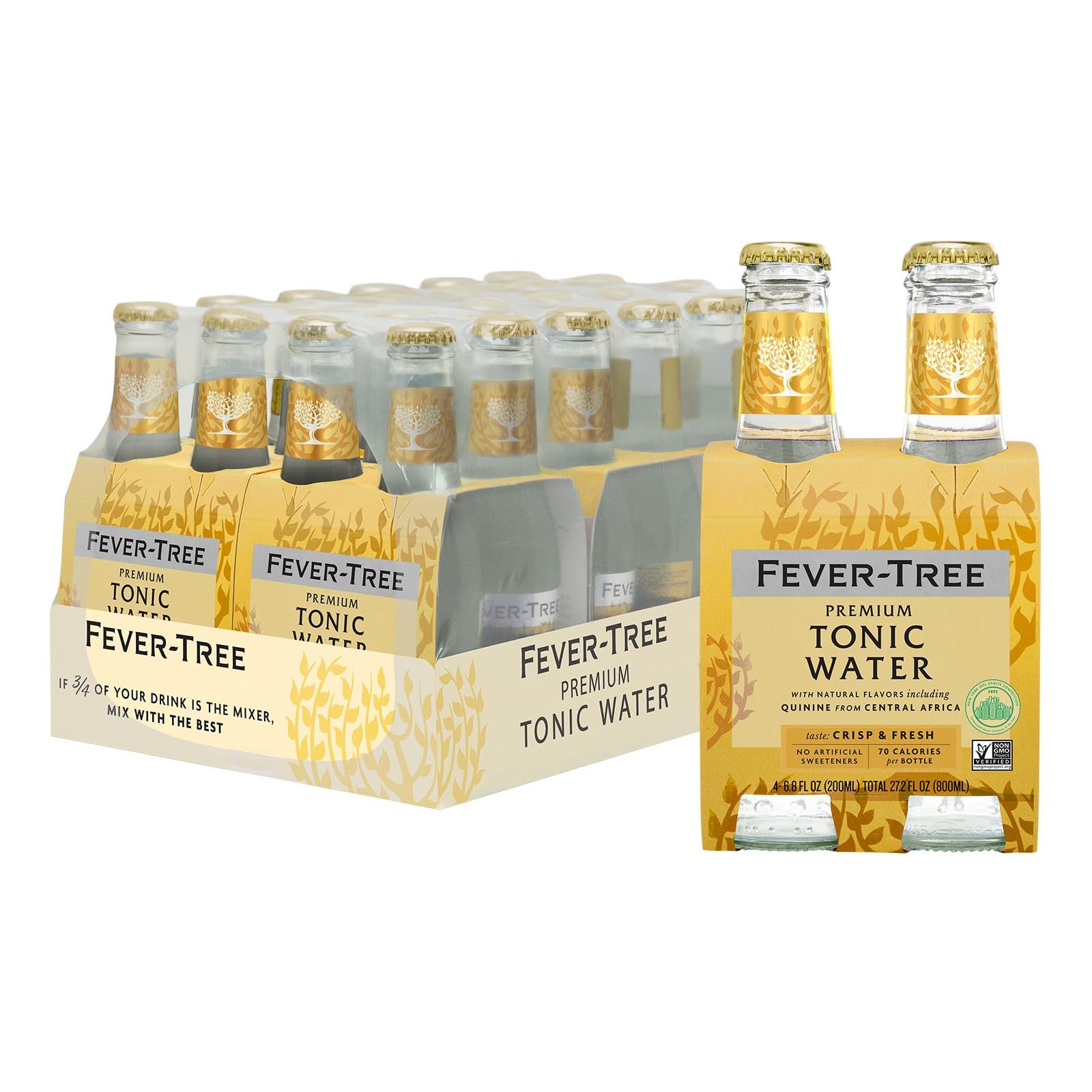 Case of Fever-Tree premium tonic water bottles, gold labels, and packaging
