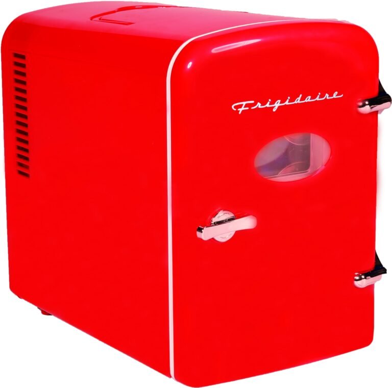 Red Frigidaire mini fridge with a handle, white trim, and oval window