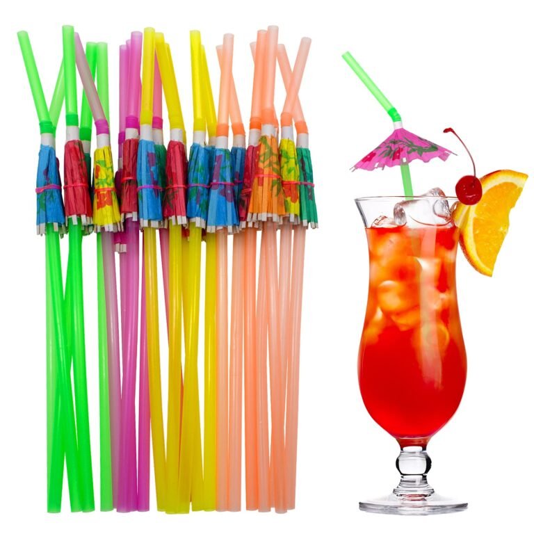Colorful cocktail straws with paper umbrellas and a decorated cocktail