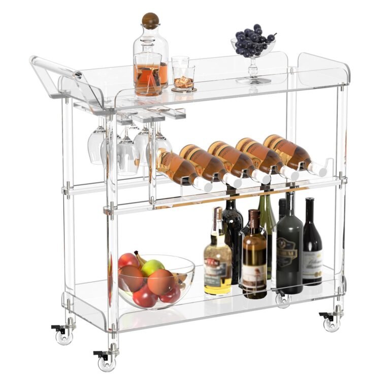 Clear acrylic bar cart with bottles, glasses, fruit, and wine
