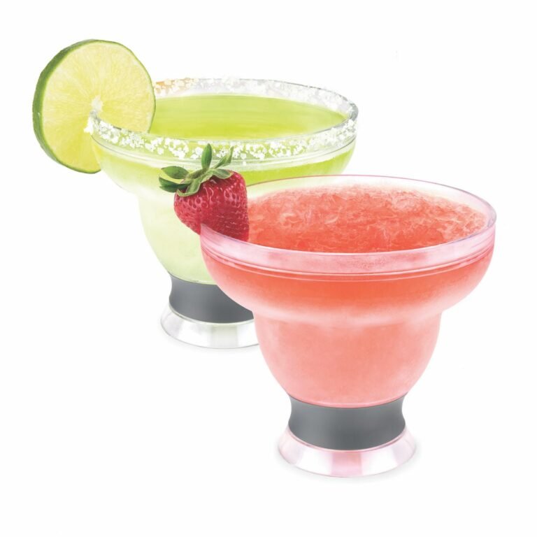 Two margarita cocktails, one lime and one strawberry, with salt rims