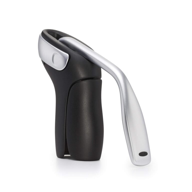Black and silver wine bottle opener with a lever handle