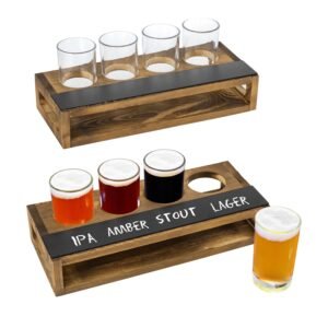Beer flight with four filled glasses and one empty, wooden holder