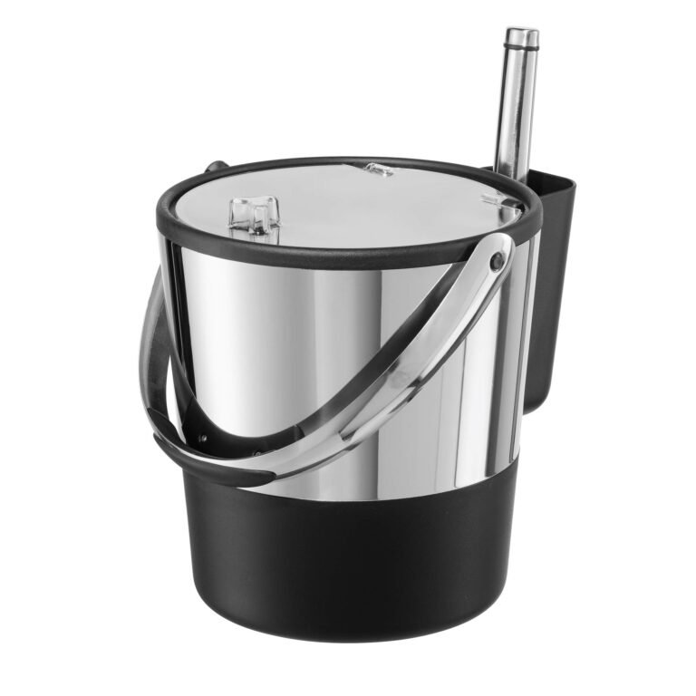 Stainless steel ice bucket with lid, handle, and ice scoop holder
