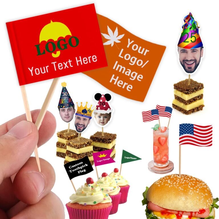 Various custom toothpick flags, food toppers, and food items on a white background