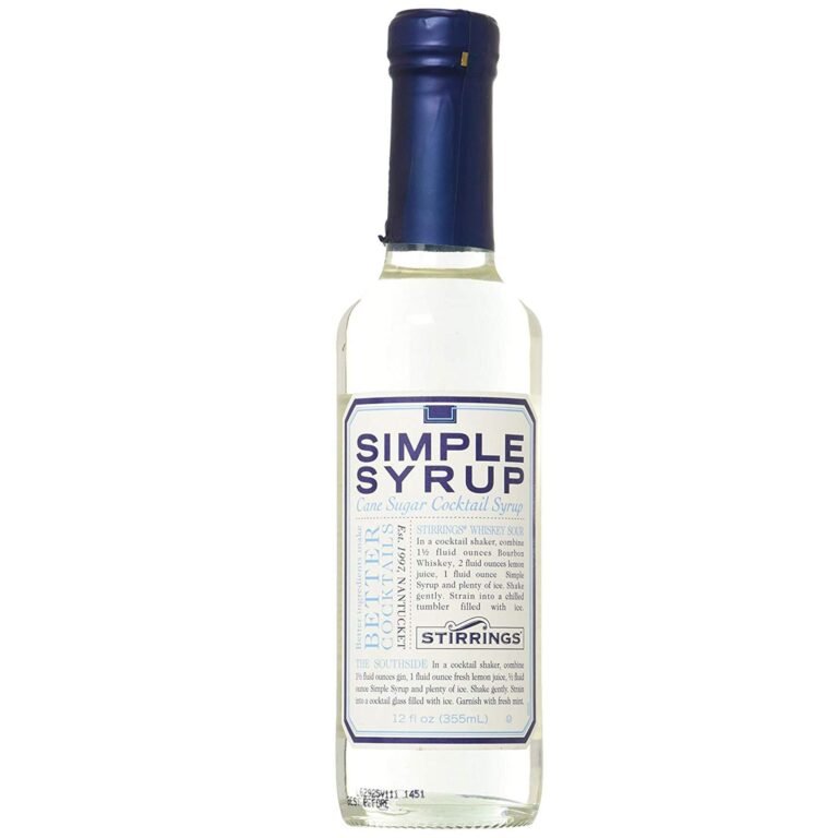 Bottle of Stirrings Simple Syrup with blue cap and label
