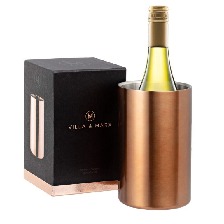 Copper wine cooler with a bottle of white wine and its box
