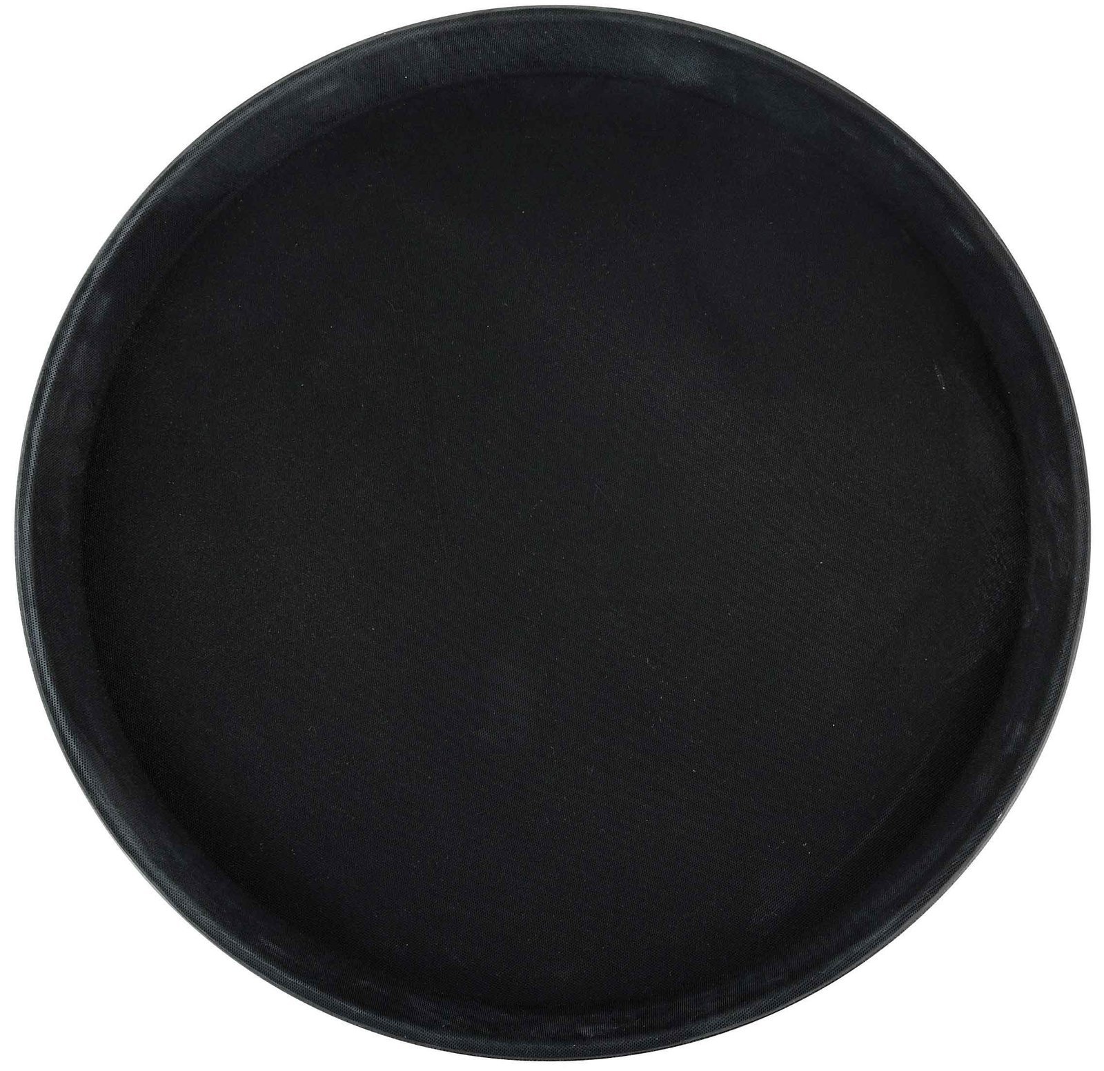 Black, round, non-slip serving tray with a raised edge