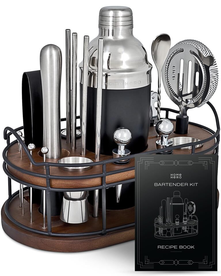 Stainless steel bartender kit with shaker, tools, and recipe book on a wooden tray