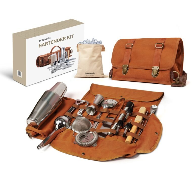 Bartender kit with tools, ice bag, and carrying case on a white background