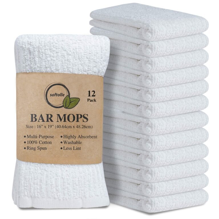 White bar mops, 12-pack, stacked, with product information label on the front