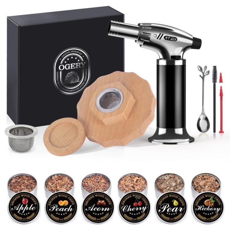 Cocktail smoker kit with torch, wood chips, and accessories on white background
