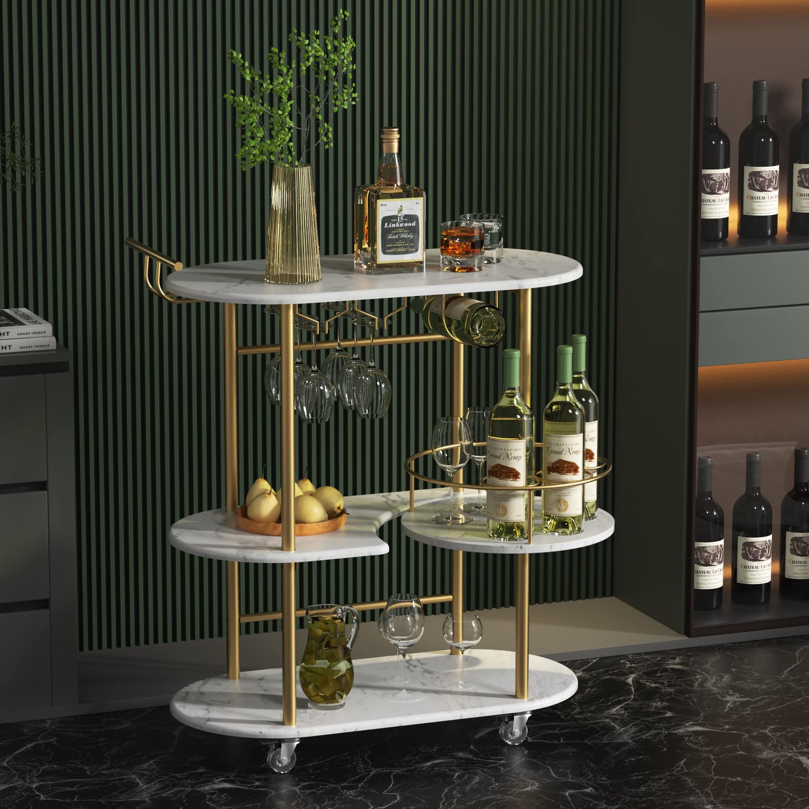 Bar cart with liquor, wine, glasses, and fruit on marble shelves