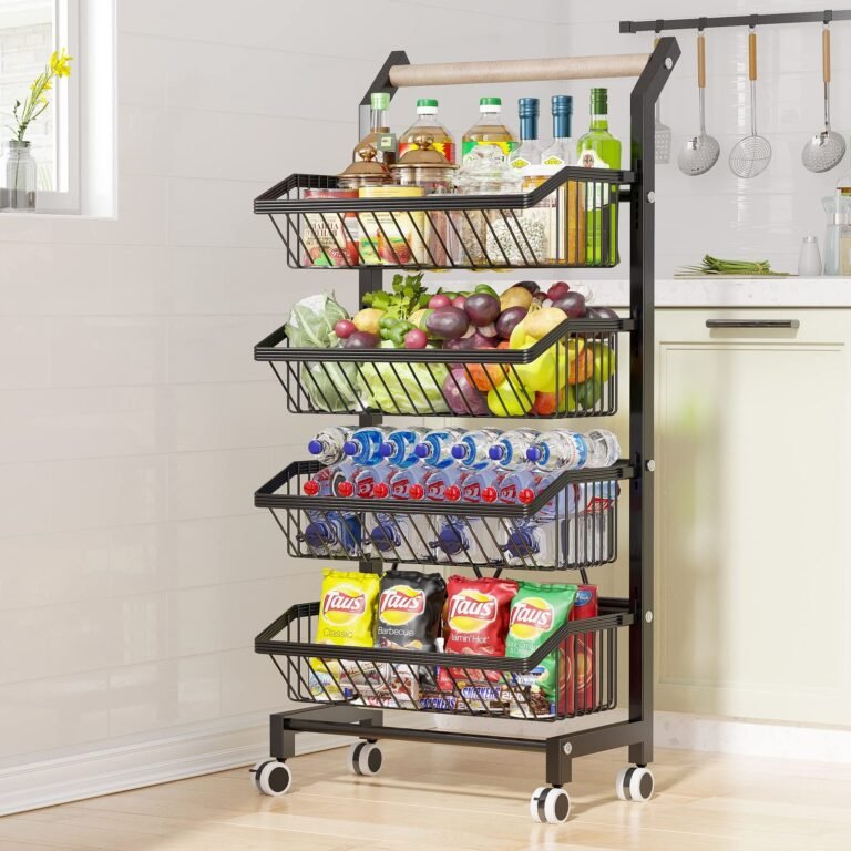 Black metal rolling storage cart with food and drinks in a kitchen