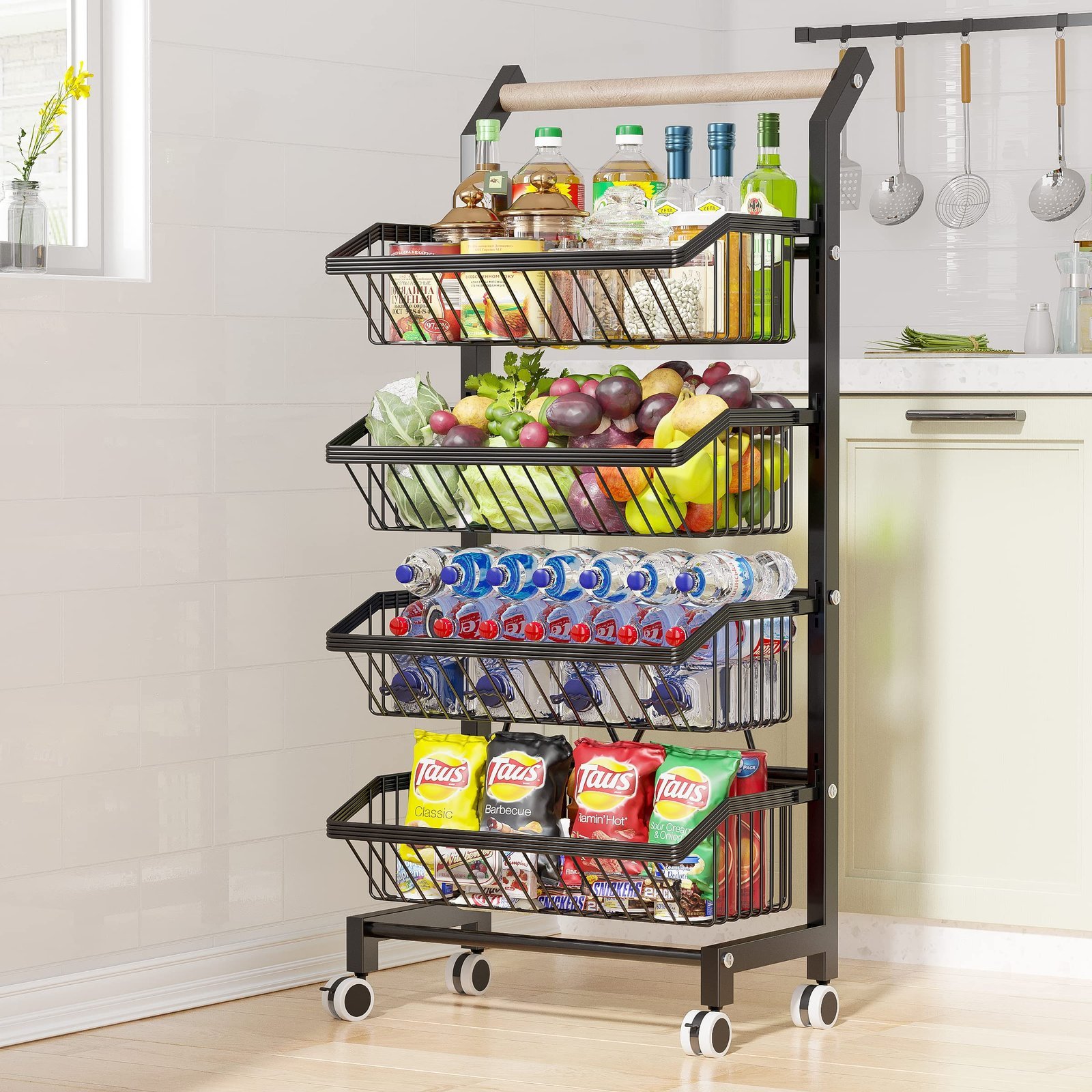 Black metal rolling storage cart with food and drinks in a kitchen