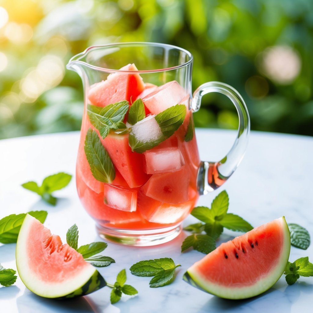 A glass pitcher filled with sliced watermelon, fresh mint leaves, and ice cubes, surrounded by scattered mint leaves and a sliced watermelon
