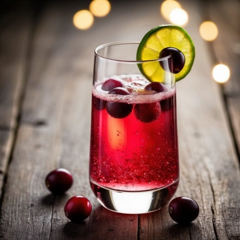 Cranberry cocktail with lime slice and cranberries on a wooden table