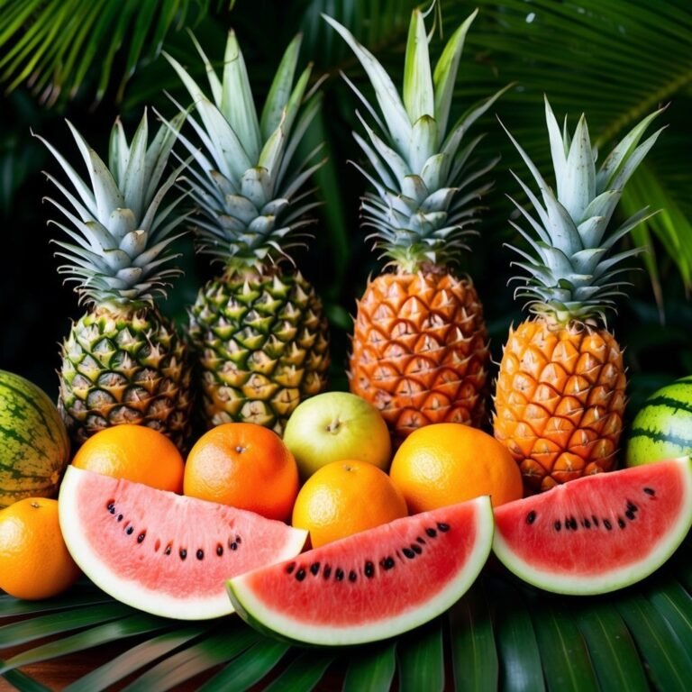 Pineapples, watermelon, oranges, and a green apple on tropical leaves