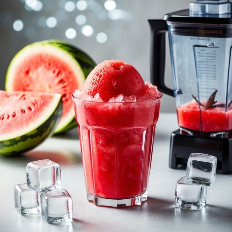 Watermelon smoothie in a glass with ice, watermelon slices, and a blender