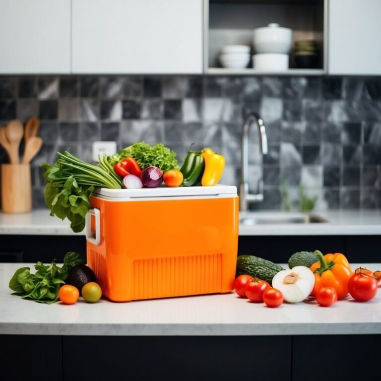 Orange cooler overflowing with fresh vegetables on a kitchen counter