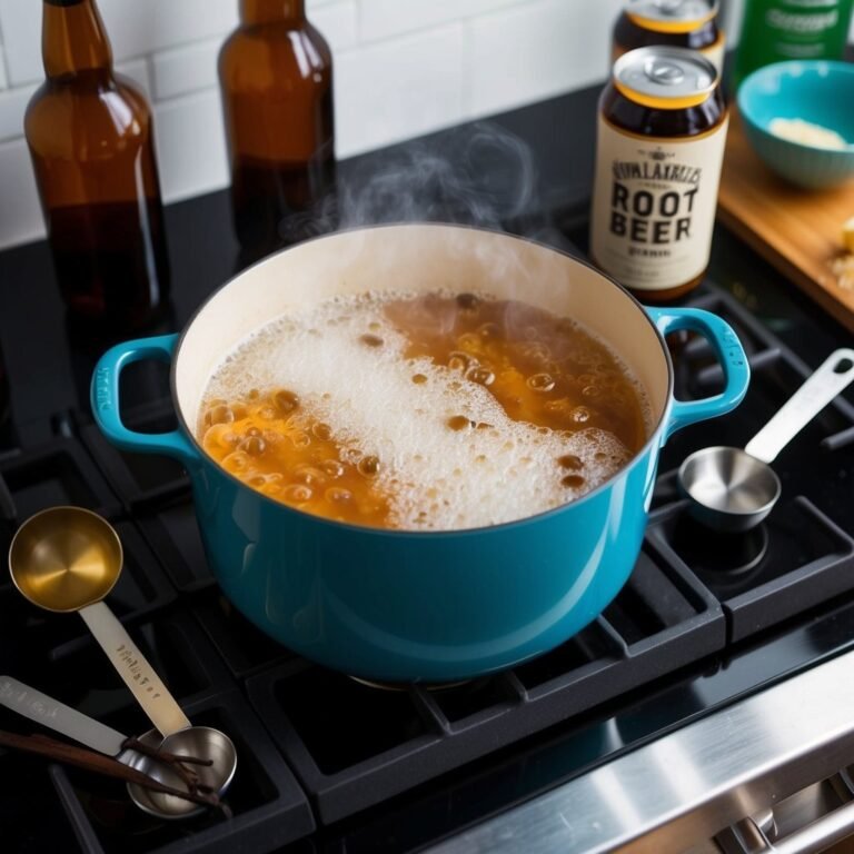 A teal pot of boiling liquid on a stove with root beer and measuring spoons