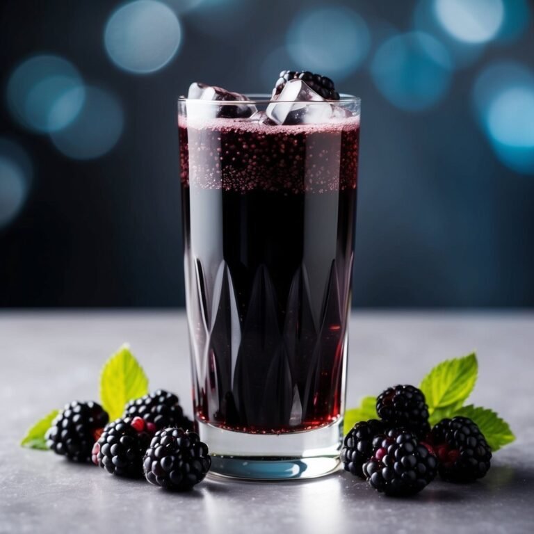 Tall glass of blackberry juice with ice and fresh blackberries