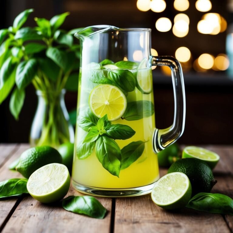 Pitcher of lime and basil infused lemonade on a wooden table