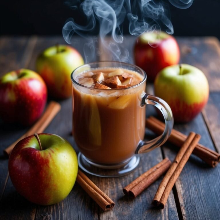 Steaming apple cider in a glass mug with apples and cinnamon sticks